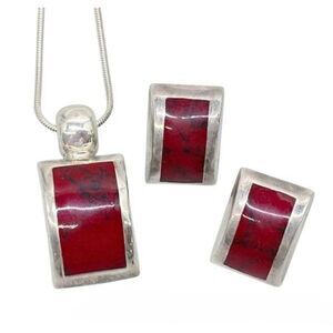 Sterling Silver 925 Domed Rectangular Red Jasper Pendant Necklace & Earring Set